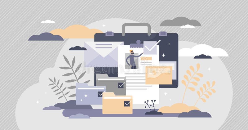 Portfolio with previous work presentation gallery scene tiny person concept stock illustration