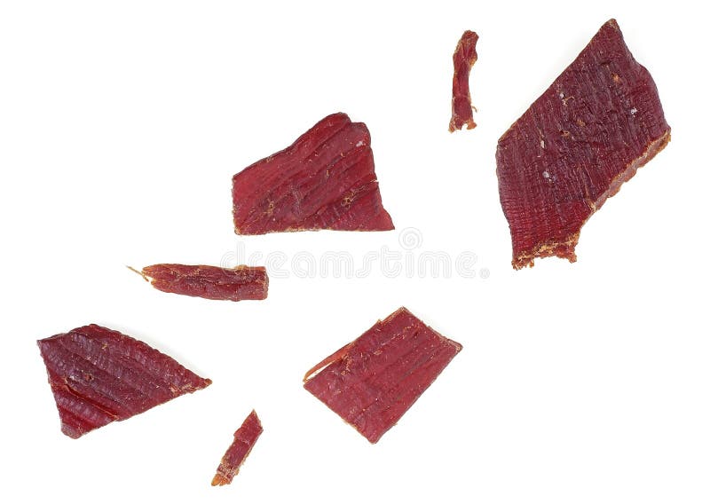 Portion of Beef Jerky Isolated on White Background. Beef Jerky Pieces