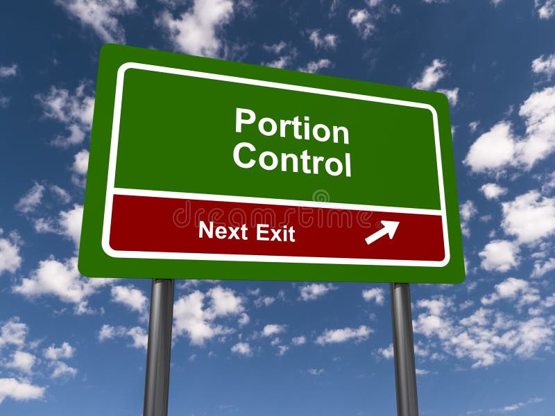 Portion control next exit traffic sign on blue sky background. Sign estimate illustrations