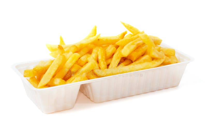 Portion of French fries in plastic disposable tray. Crispy diet stock images, royalty-free photos and pictures