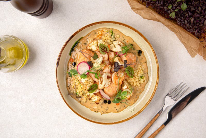 Portion of Ptitim Dish with Seafood and Herbs Stock Photo Image of