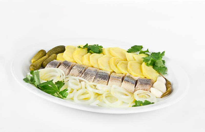 Portion of Herring Fish Fillets with Potato Onion Stock Photo Image
