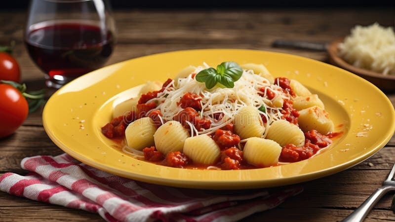 portion of Italian gnocchi with tomatoes and cheese on a wooden table in a rustic setting