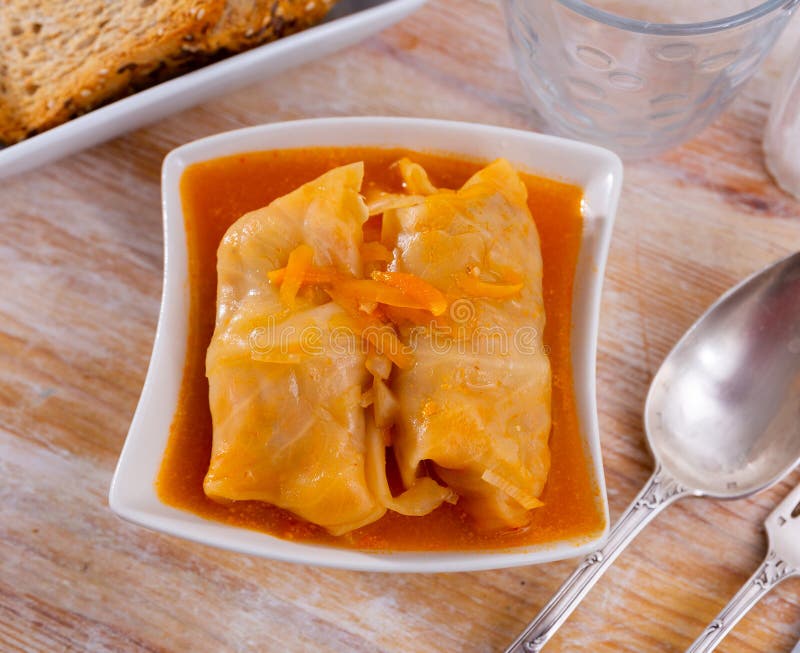Cabbage Rolls in Cabbage Leaves with Sour Cream, Dish of European