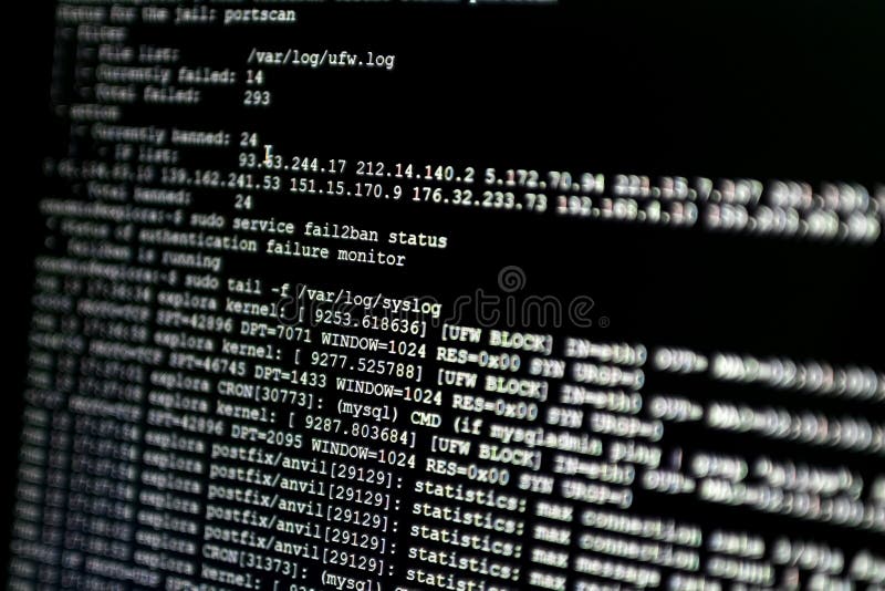 Portion of system log from a web server, during cyber attack. Firewall is blocking IP address stock photo Portion of system log from a web server, during cyber attack. Firewall is blocking IP address stock photo