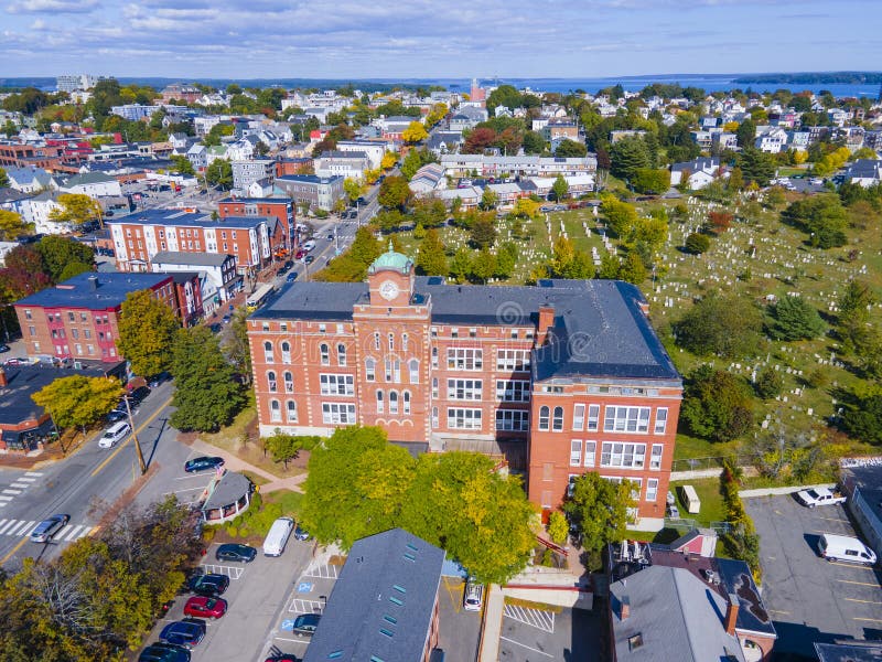 Aerial view of North School building and Eastern Cemetery on 248 Congress Street in downtown Portland, Maine ME, USA. . Aerial view of North School building and Eastern Cemetery on 248 Congress Street in downtown Portland, Maine ME, USA.