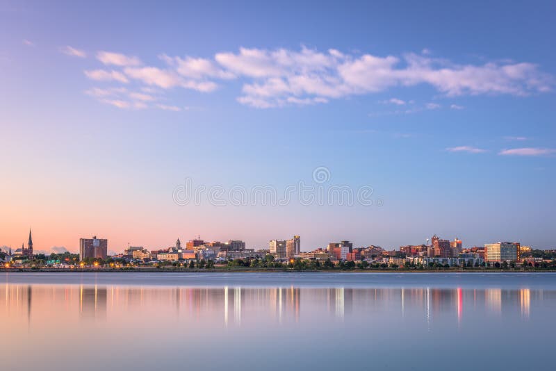 Portland, Maine, USA downtown skyline from Back Cove at dawn