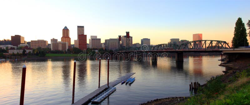 Portland Oregon at dusk a glowing light.