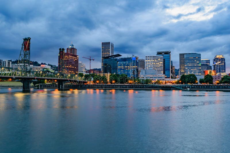 Downtown Portland, Oregon skyline from the Willamette River at dusk. Koin tower portland oregon stock images, royalty-free photos and pictures