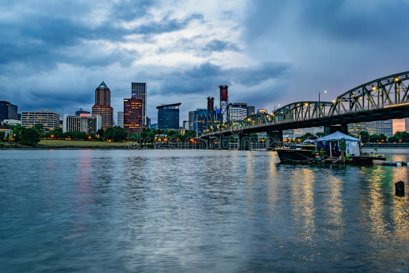 Downtown Portland, Oregon skyline from the Willamette River at dusk. Koin tower portland oregon stock images, royalty-free photos and pictures