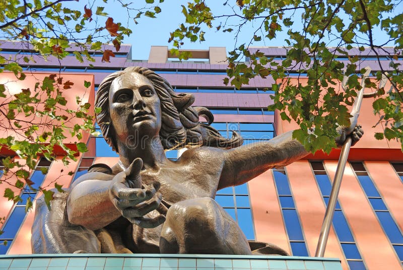 Portlandia by Raymond J Kaskey atop the Portland Building. Lady of the Trident was dedicated in 1985 and is a the icon of Portland Oregon, September 09, 2009