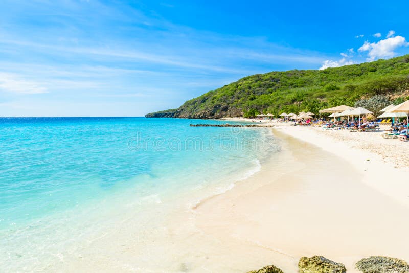 Porto Marie beach - white sand Beach with blue sky and crystal clear blue water in Curacao, Netherlands Antilles, a Caribbean