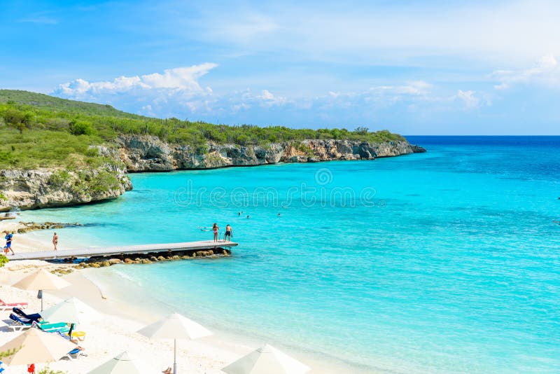 Porto Marie beach - white sand Beach with blue sky and crystal clear blue water in Curacao, Netherlands Antilles, a Caribbean