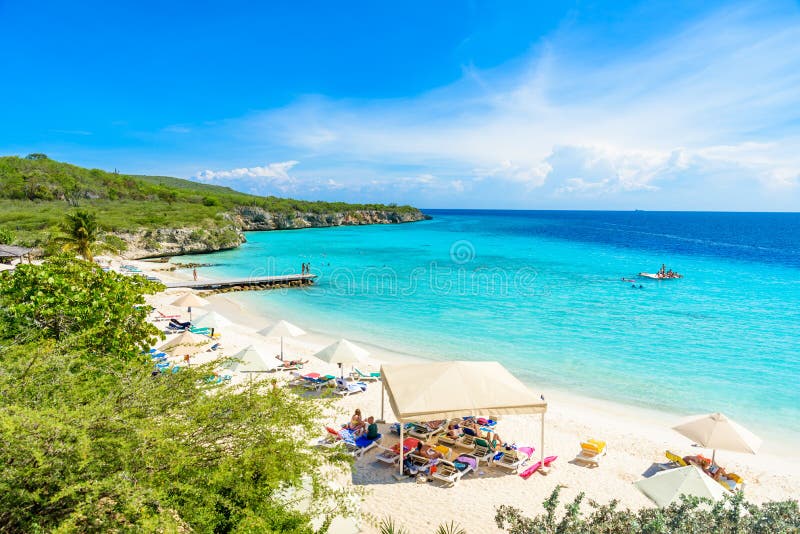 Porto Marie beach - white sand Beach with blue sky and crystal clear blue water in Curacao, Netherlands Antilles, a Caribbean