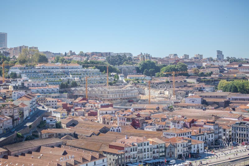 Porto/Portugal - 10/02/2018 : Aerial view at the Douro river banks on Gaia city, warehouses and cellars at the Porto wine as stock image Porto/Portugal - 10/02/2018 : Aerial view at the Douro river banks on Gaia city, warehouses and cellars at the Porto wine as stock image