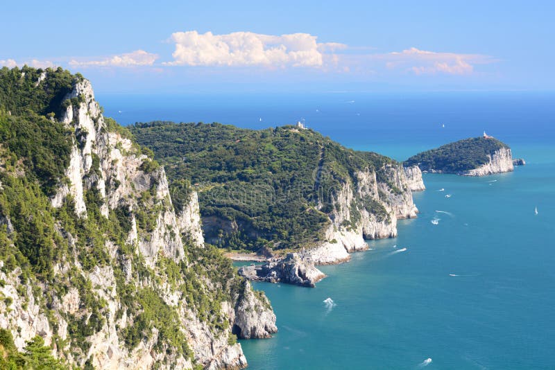 Portovenere and islands coastline. La Spezia province. Liguria. Italy