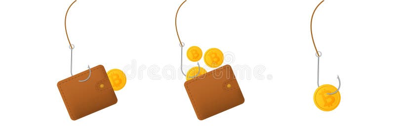 Portofel brun și monedă bitcoin conectate la o linie de pescuit simbolizând conceptele de bani digitali royalty free illustration