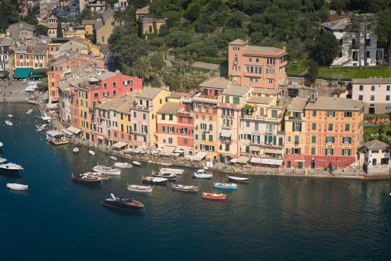 Portofino luxury landmark panorama. Village and yacht in little bay harbor. Liguria stock image Portofino luxury landmark panorama. Village and yacht in little bay harbor. Liguria stock image