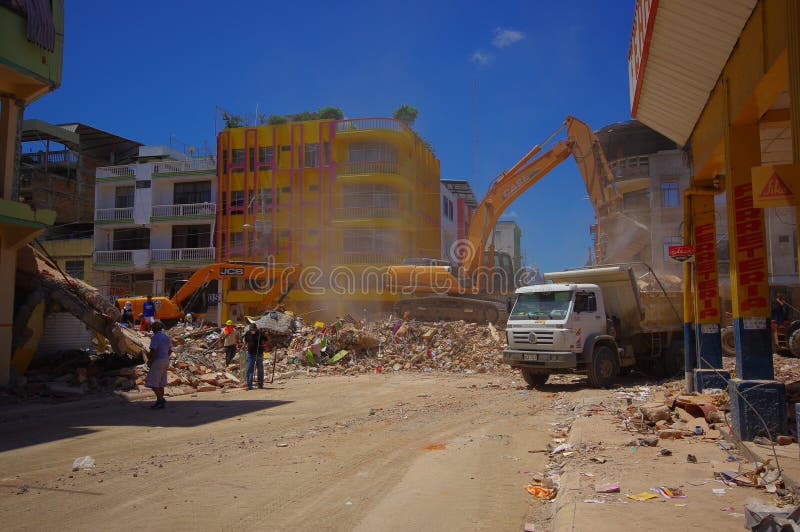 Portoviejo, Ecuador - April, 18, 2016: Building showing the aftereffect of 7.8 earthquake that destroyed the city center.