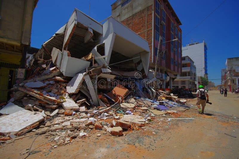 Portoviejo, Ecuador - April, 18, 2016: Building showing the aftereffect of 7. 8 earthquake that destroyed the city center.