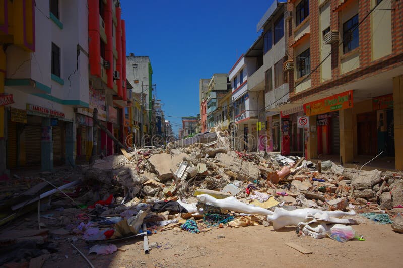 Portoviejo, Ecuador - April, 18, 2016: Building showing the aftereffect of 7.8 earthquake that destroyed the city center.