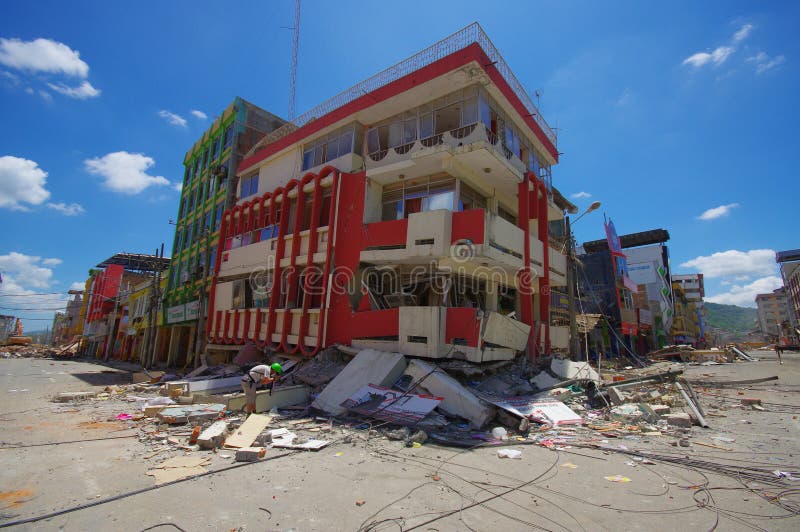 Portoviejo, Ecuador - April, 18, 2016: Building showing the aftereffect of 7.8 earthquake that destroyed the city center.