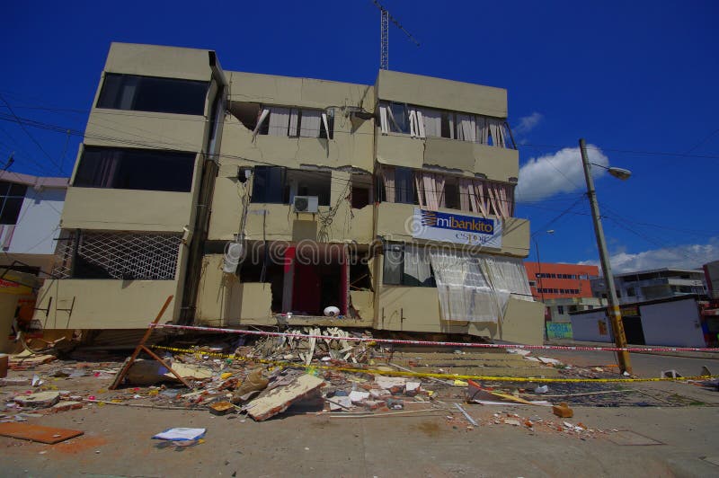 Portoviejo, Ecuador - April, 18, 2016: Building showing the aftereffect of 7.8 earthquake that destroyed the city center.