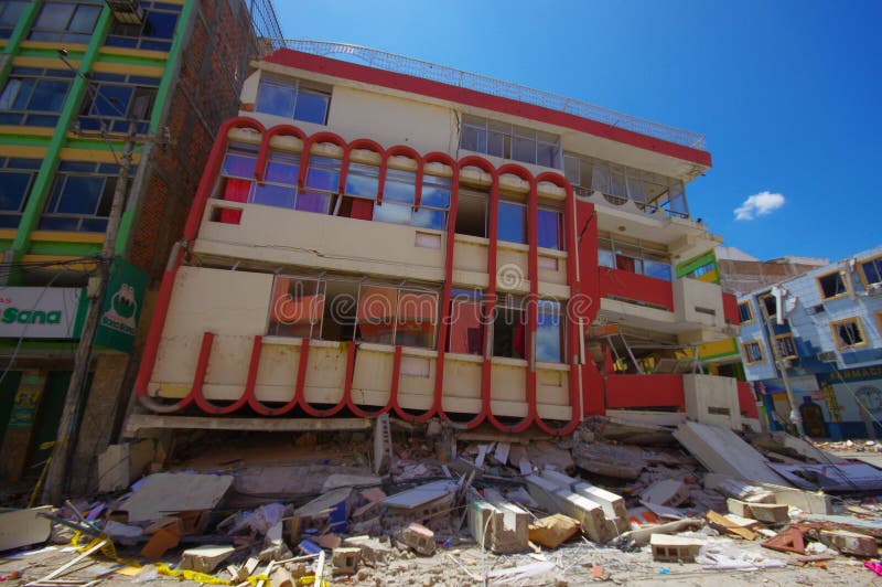 Portoviejo, Ecuador - April, 18, 2016: Building showing the aftereffect of 7.8 earthquake that destroyed the city center.