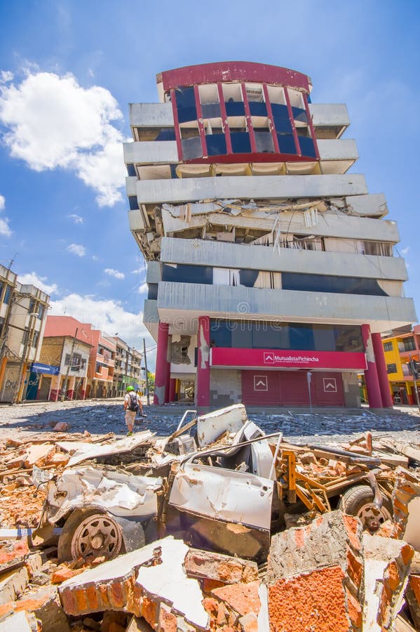 Portoviejo, Ecuador - April, 18, 2016: Building showing the aftereffect of 7.8 earthquake that destroyed the city center.