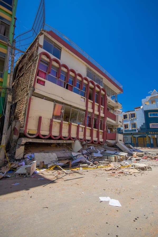 Portoviejo, Ecuador - April, 18, 2016: Building showing the aftereffect of 7.8 earthquake that destroyed the city center.