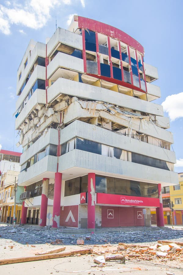 Portoviejo, Ecuador - April, 18, 2016: Building showing the aftereffect of 7.8 earthquake that destroyed the city center.