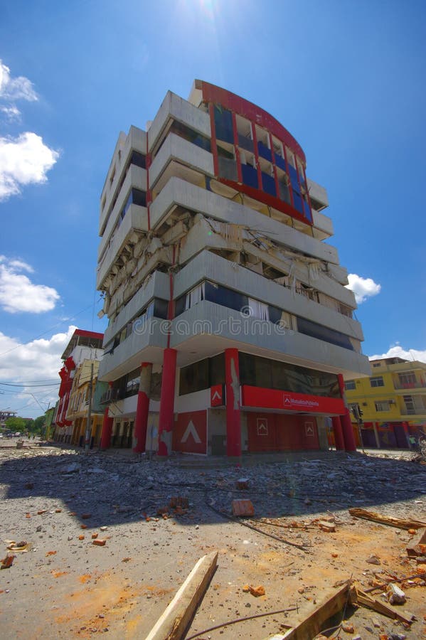 Portoviejo, Ecuador - April, 18, 2016: Building showing the aftereffect of 7.8 earthquake that destroyed the city center.