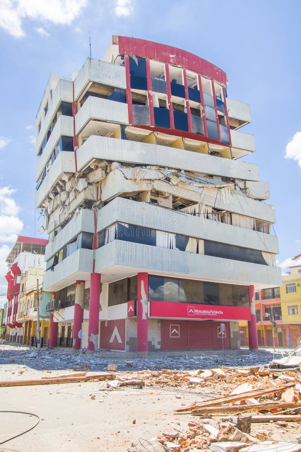 Portoviejo, Ecuador - April, 18, 2016: Building showing the aftereffect of 7.8 earthquake that destroyed the city center.