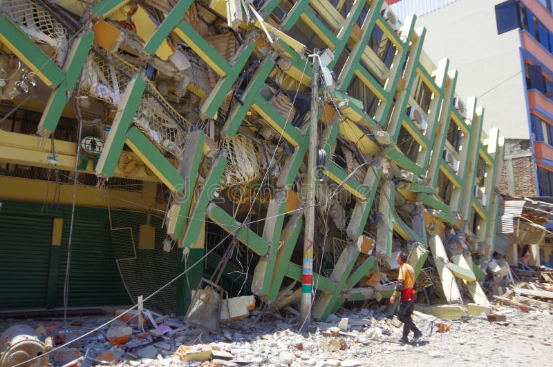 Portoviejo, Ecuador - April, 18, 2016: Building showing the aftereffect of 7.8 earthquake that destroyed the city center.