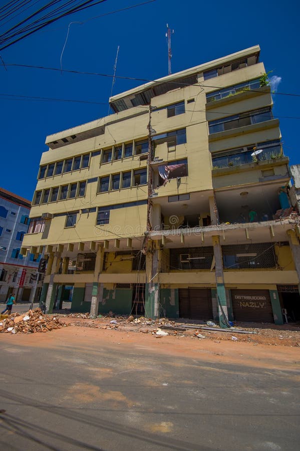 Portoviejo, Ecuador - April, 18, 2016: Building showing the aftereffect of 7.8 earthquake that destroyed the city center.