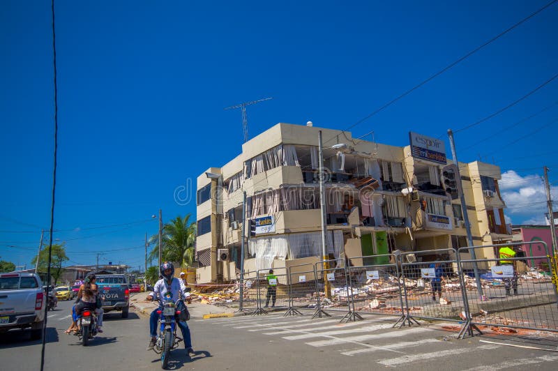 Portoviejo, Ecuador - April, 18, 2016: Building showing the aftereffect of 7.8 earthquake that destroyed the city center.