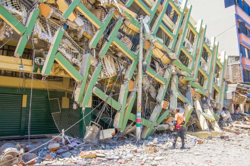 Portoviejo, Ecuador - April, 18, 2016: Building showing the aftereffect of 7.8 earthquake that destroyed the city center.