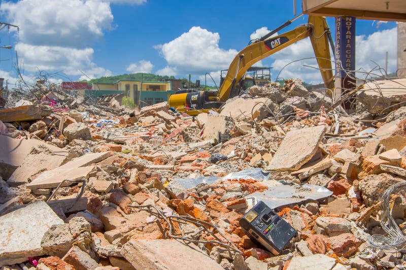 Portoviejo, Ecuador - April, 18, 2016: Building showing the aftereffect of 7.8 earthquake that destroyed the city center.