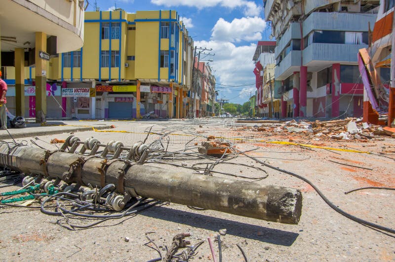 Portoviejo, Ecuador - April, 18, 2016: Building showing the aftereffect of 7.8 earthquake that destroyed the city center.