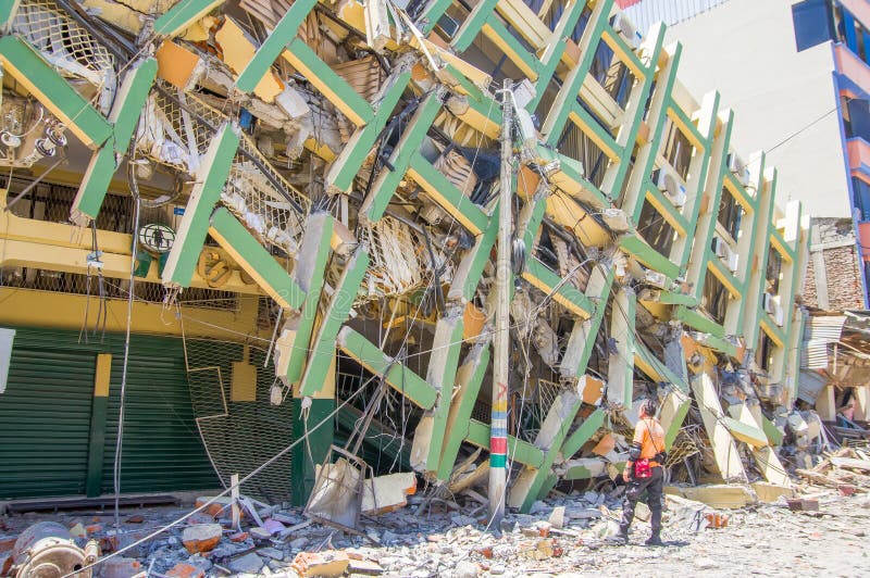 Portoviejo, Ecuador - April, 18, 2016: Building showing the aftereffect of 7. 8 earthquake that destroyed the city center.