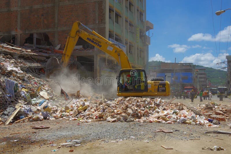 Portoviejo, Ecuador - April, 18, 2016: Building showing the aftereffect of 7.8 earthquake that destroyed the city center.