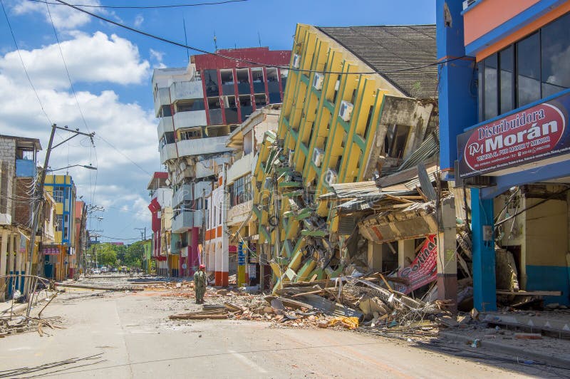 Portoviejo, Ecuador - April, 18, 2016: Building showing the aftereffect of 7.8 earthquake that destroyed the city center.