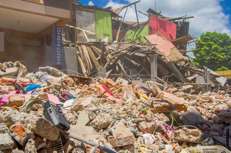 Portoviejo, Ecuador - April, 18, 2016: Building showing the aftereffect of 7.8 earthquake that destroyed the city center.