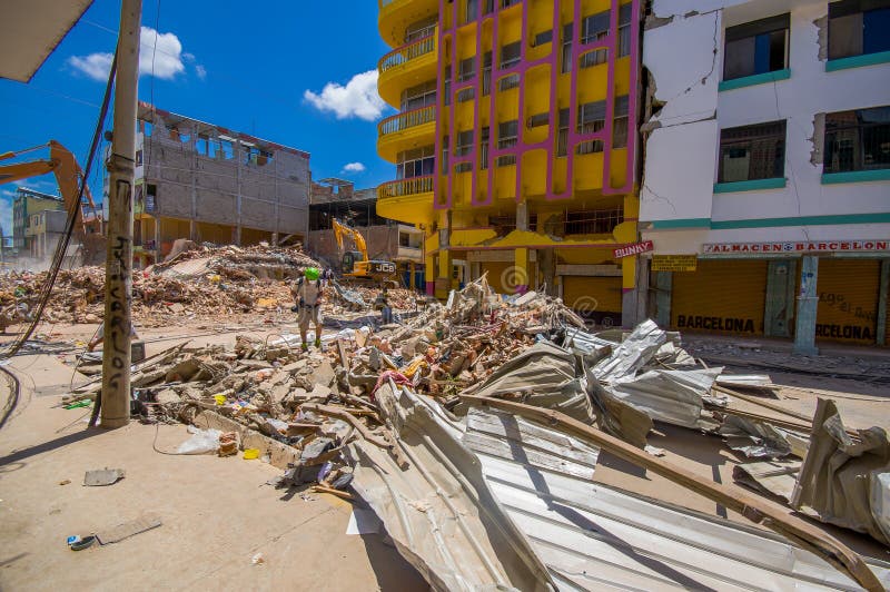 Portoviejo, Ecuador - April, 18, 2016: Building showing the aftereffect of 7.8 earthquake that destroyed the city center.