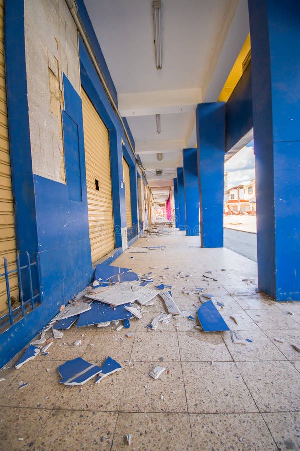 Portoviejo, Ecuador - April, 18, 2016: Building showing the aftereffect of 7.8 earthquake that destroyed the city center.