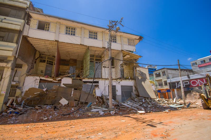 Portoviejo, Ecuador - April, 18, 2016: Building showing the aftereffect of 7. 8 earthquake that destroyed the city center.