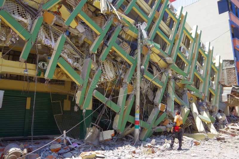 Portoviejo, Ecuador - April, 18, 2016: Building showing the aftereffect of 7.8 earthquake that destroyed the city center.