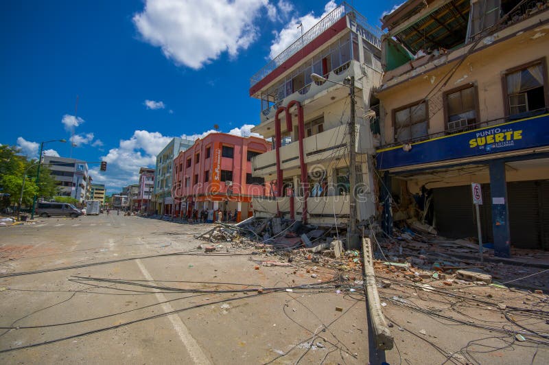 Portoviejo, Ecuador - April, 18, 2016: Building showing the aftereffect of 7.8 earthquake that destroyed the city center, and most of the Manabi province.