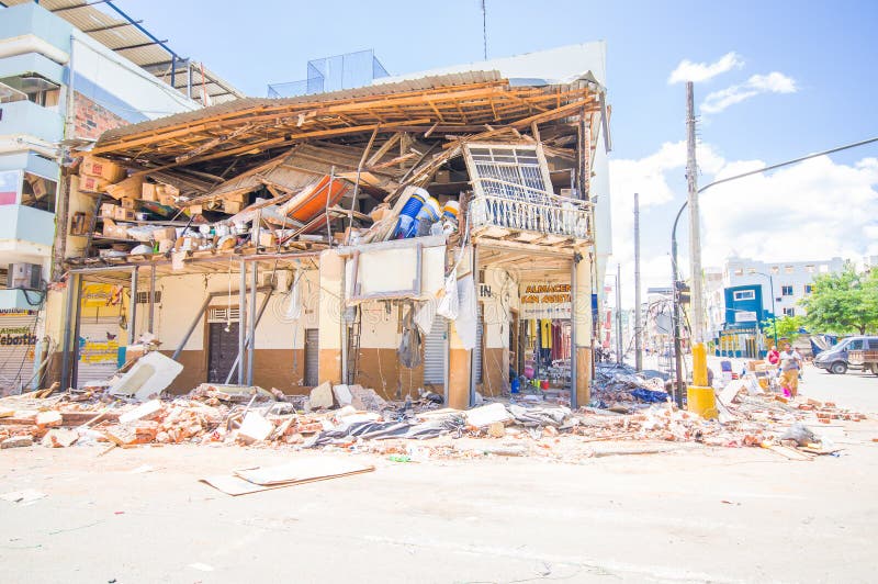 Portoviejo, Ecuador - April, 18, 2016: Building showing the aftereffect of 7.8 earthquake that destroyed the city center, and most of the Manabi province.