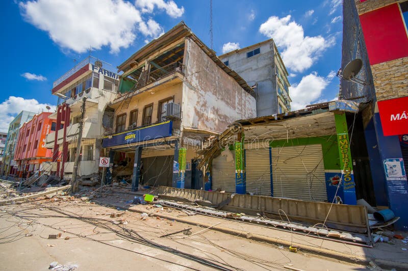 Portoviejo, Ecuador - April, 18, 2016: Building showing the aftereffect of 7.8 earthquake that destroyed the city center, and most of the Manabi province.